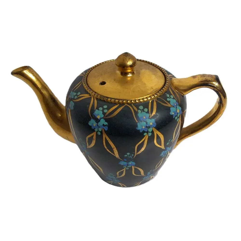 Vintage Gibson Staffordshire Teapot Black Glaze Gold Luster Blue Floral England